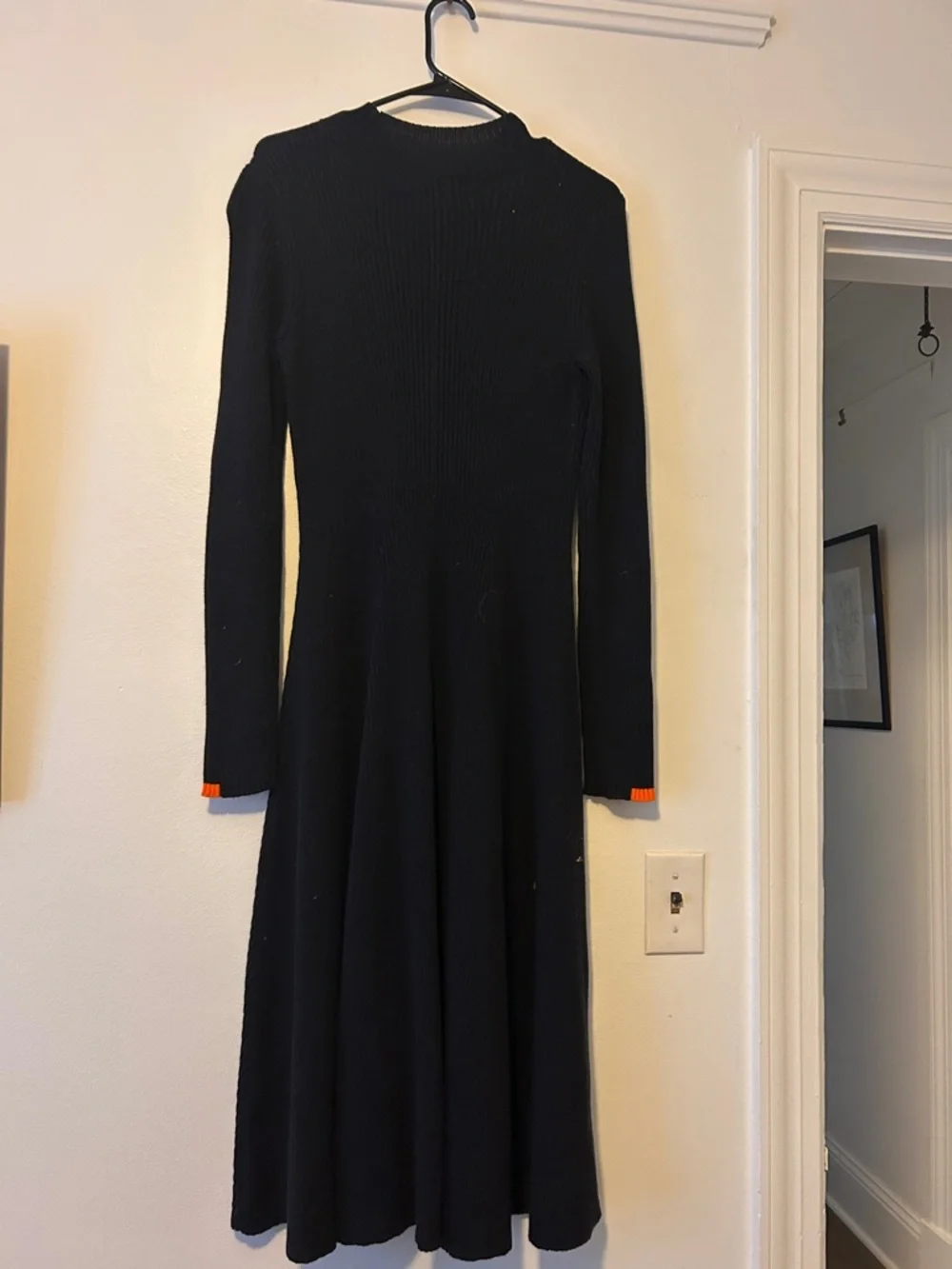 Tory Burch Mock Neck LS Knit Maxi Dress with Orange Cuff Detail, Size Large